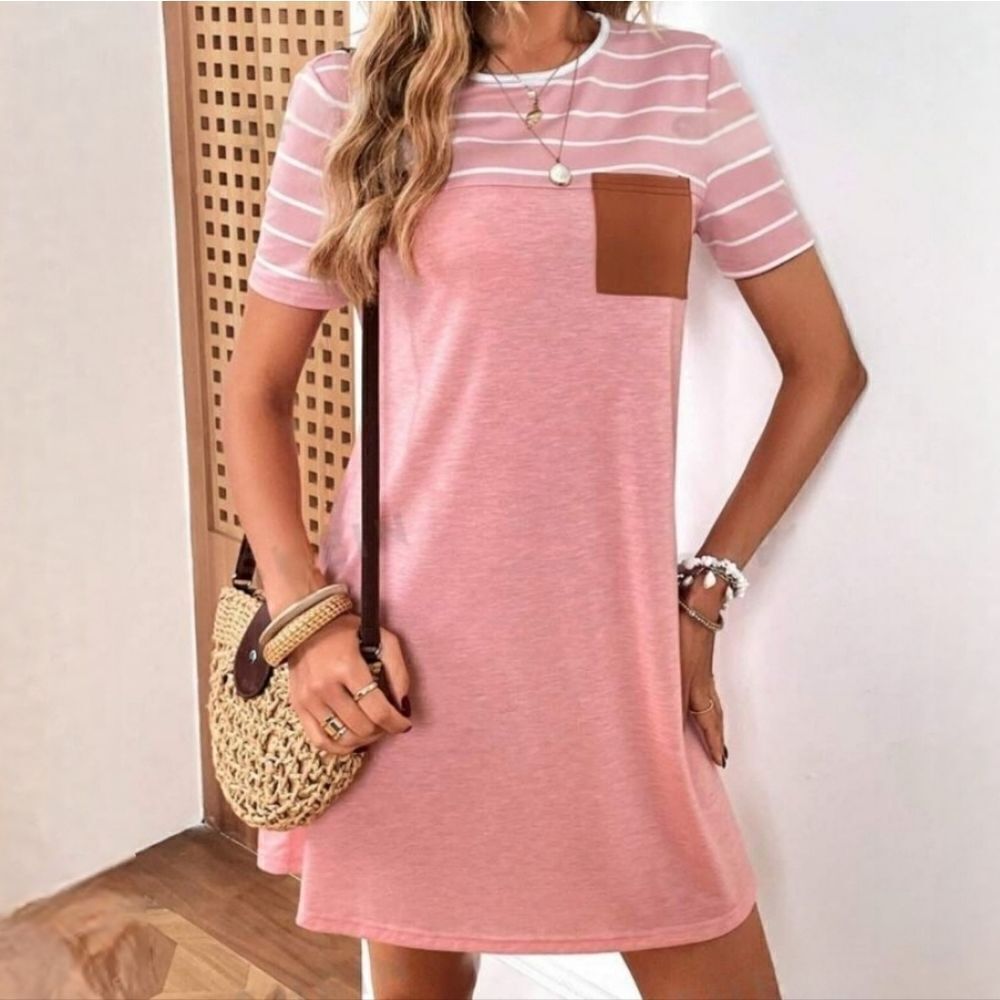 SHEIN LUNE Pink Striped Print Pocket Patched Tee Dress